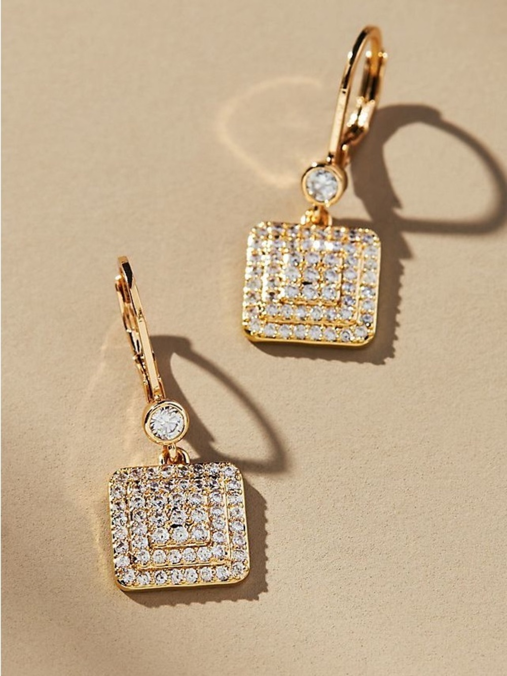 Anthropologie Rose Gold Pave Square Drop Earrings